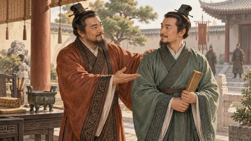 Two ancient Chinese friends showing trust in a courtyard