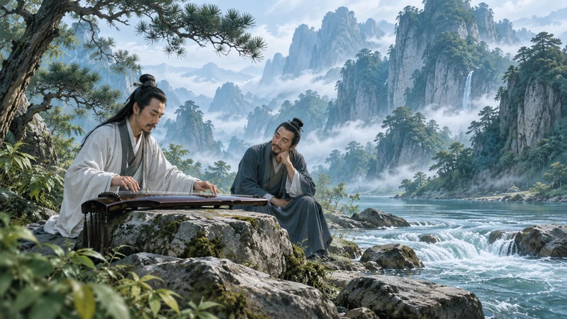 A qin player beside mountains and flowing water with an attentive friend