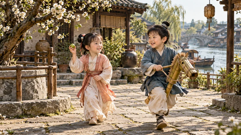 Chinese Idioms for Love: Meaning, Stories, and Context 2 Two children playing beside plum branches and a bamboo horse in a Tang-style courtyard