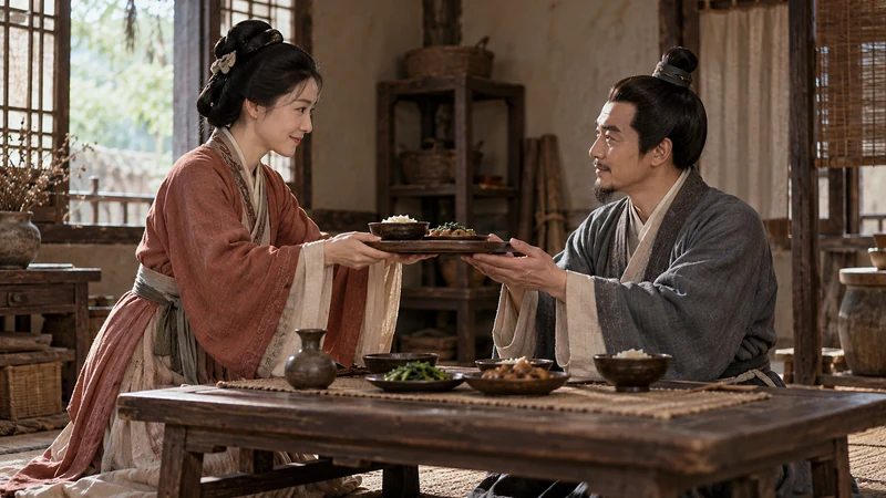 An ancient Chinese married couple sharing a respectful household meal with a wooden tray