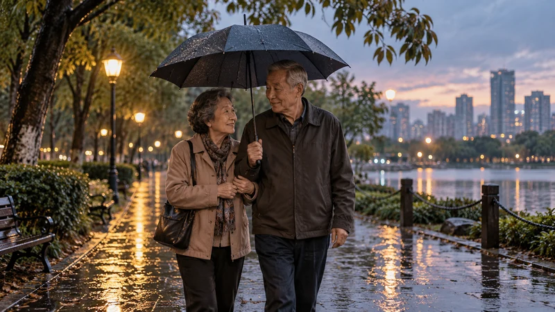 Chinese Idioms for Love: Meaning, Stories, and Context 4 A long-married couple supporting each other during a rainy walk