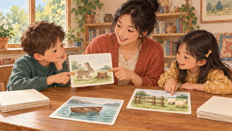 Adult and children comparing picture cards for Chinese idiom stories