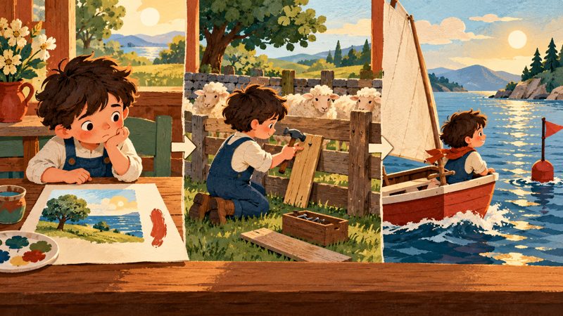 Good Chinese Idioms for Kids: 5 Stories and Activities 4 Three separate picture prompts showing drawing, repairing a sheep pen, and travelling by boat