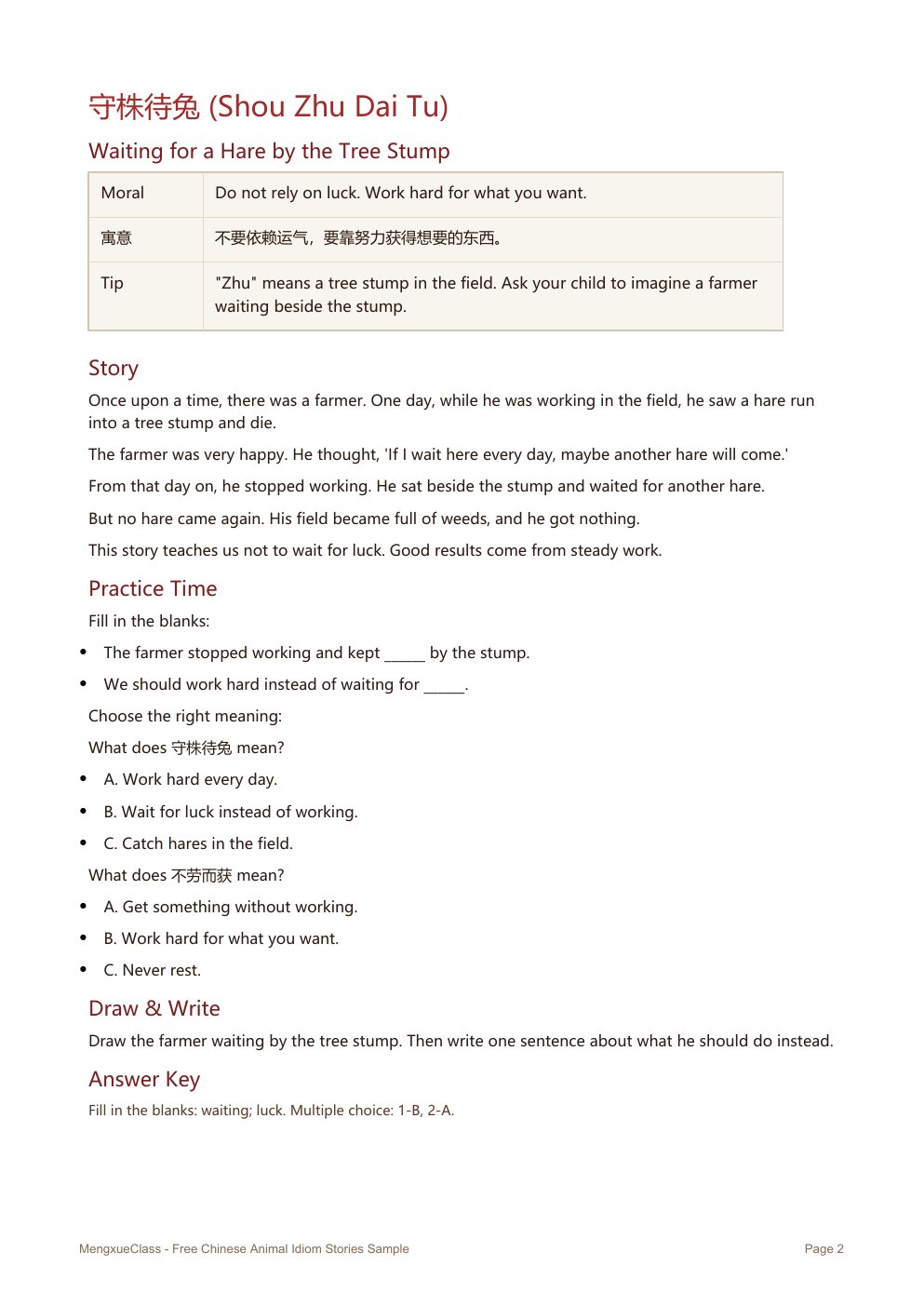 Free Chinese Animal Idiom Stories PDF Sample for Kids 4 Shou Zhu Dai Tu sample lesson with corrected waiting answer